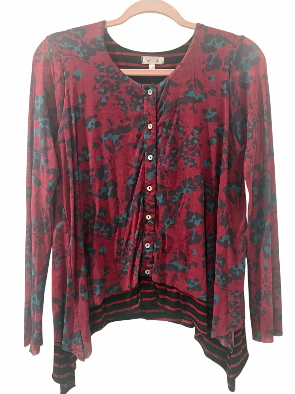 Weston Floral Striped Asymmetrical Tunic Cardigan Top Size M Made in USA